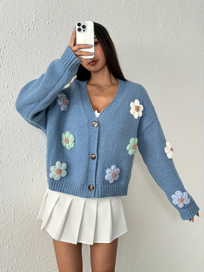 Pastel Floral Embroidered Blue Knit Cardigan – Oversized Kawaii Sweater