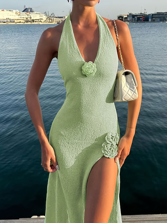 Mint Bloom Halter Maxi Dress – Soft Knit With Rosette Accent