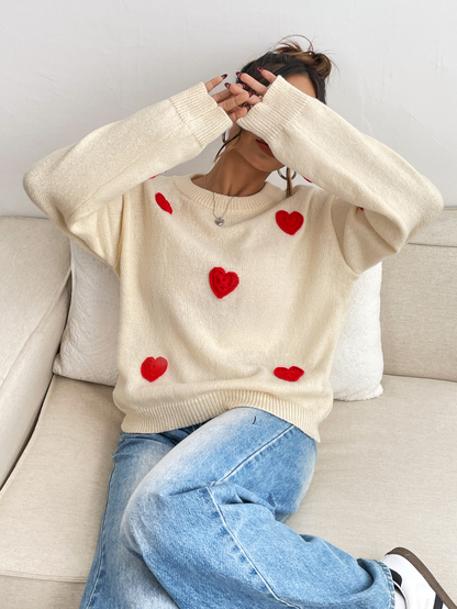 Cream Knit ‘Love Note’ Sweater with Red Hearts