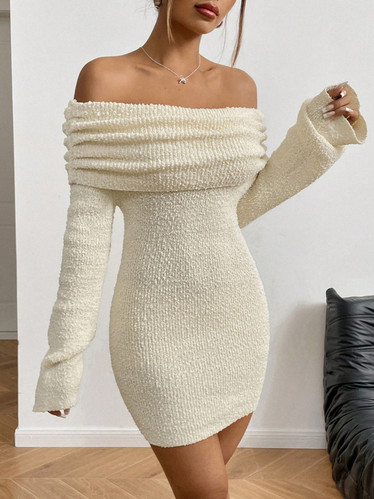Ivory Off-Shoulder Fuzzy Knit Dress