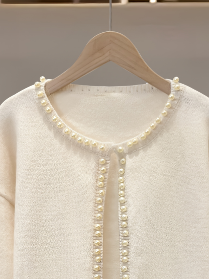 Ivory Pearl Trim Cardigan – Elegant Knit Sweater Jacket