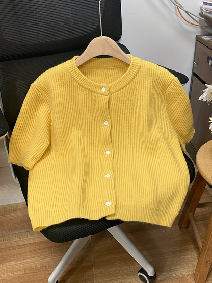 Short-Sleeve Yellow Knit Cardigan – Lightweight Button-Up Sweater