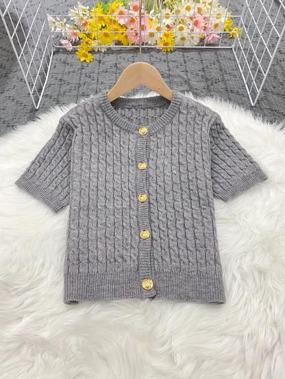 Short-Sleeve Cable Knit Grey Cardigan – Gold Button Cropped Sweater