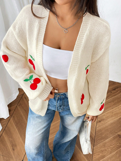 Cream Knit Cherry Embroidered Cardigan – Oversized Fruit Print Sweater