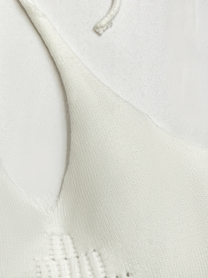 White Knit Halter Crop Top with Ruffle Hem – Romantic Summer Tie-Back Top