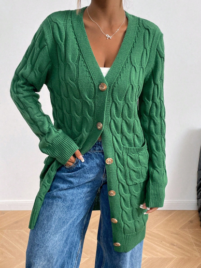 Cable Knit Longline Green Cardigan with Wooden Buttons