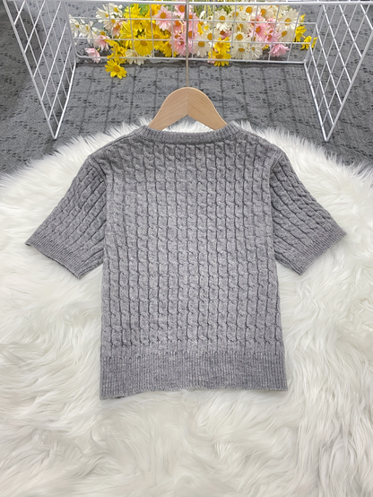 Short-Sleeve Cable Knit Grey Cardigan – Gold Button Cropped Sweater
