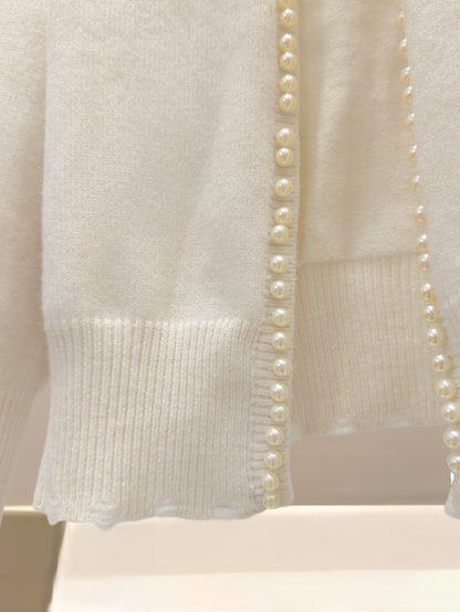 Ivory Pearl Trim Cardigan – Elegant Knit Sweater Jacket