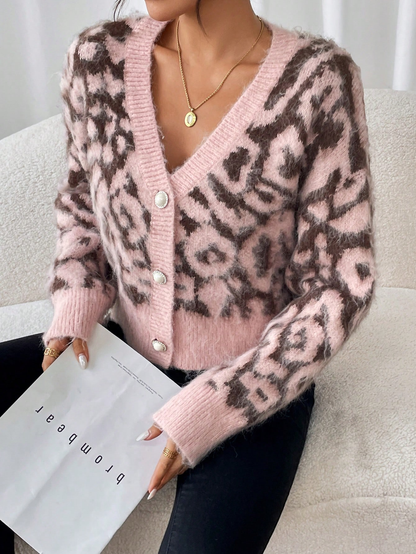 Fuzzy Pink Leopard Print Cardigan with Pearl Buttons