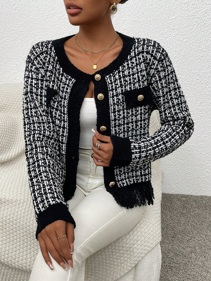 Chic Contrast Tweed Cardigan with Gold Buttons