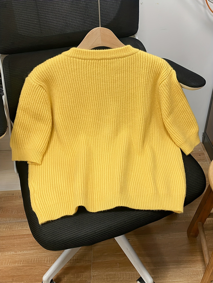 Short-Sleeve Yellow Knit Cardigan – Lightweight Button-Up Sweater