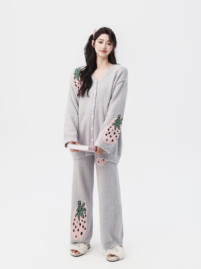 Cute Strawberry Fuzzy Knit Pajama Set – Cozy Cardigan & Pants Loungewear