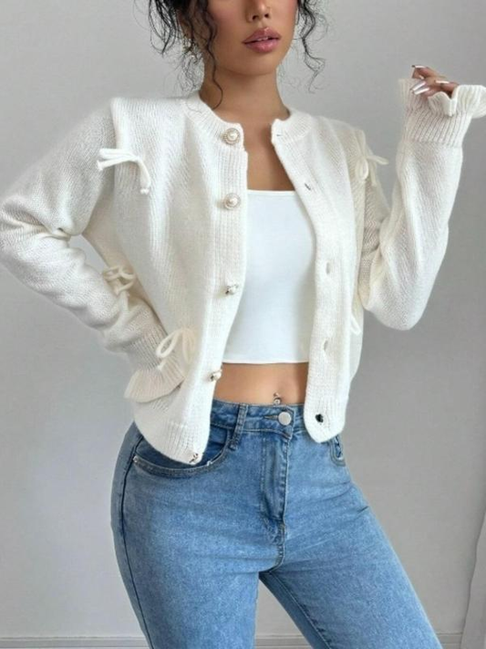 Cream Tie-Detail Knit Cardigan