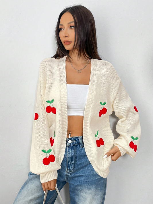 Cream Knit Cherry Embroidered Cardigan – Oversized Fruit Print Sweater