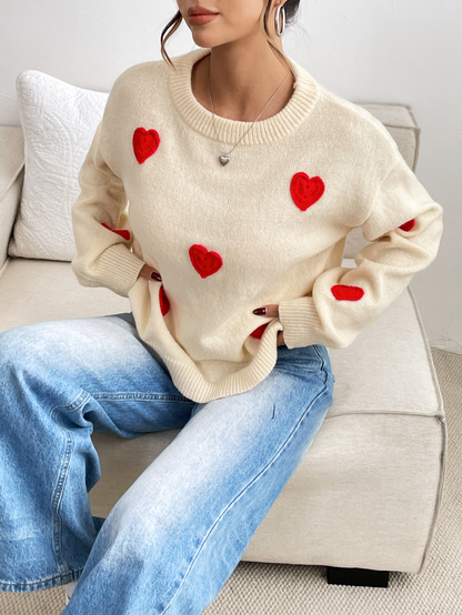 Cream Knit ‘Love Note’ Sweater with Red Hearts