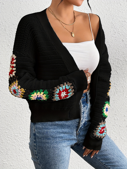 Black Crochet Patchwork Sleeve Cardigan – Retro Boho Knitwear