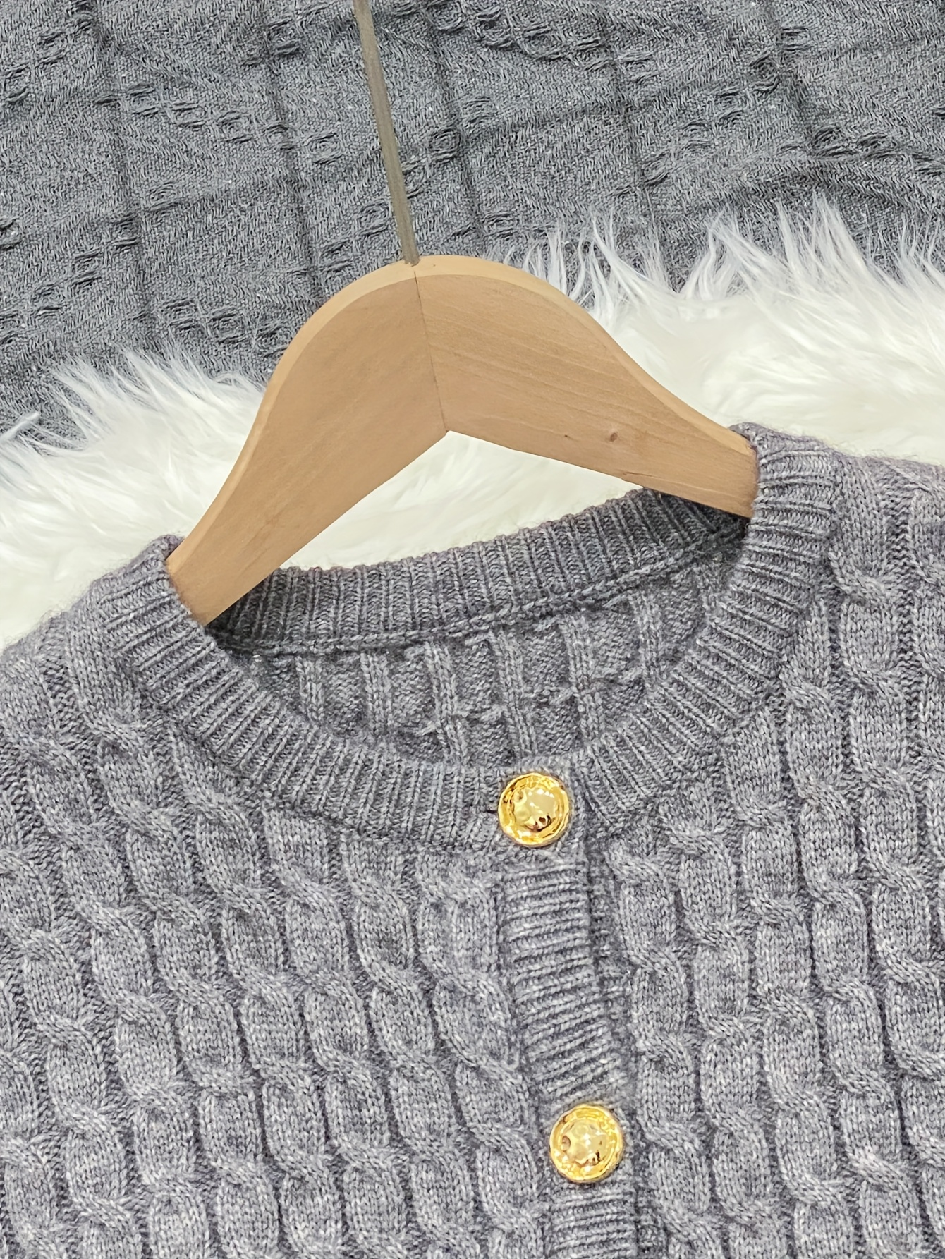 Short-Sleeve Cable Knit Grey Cardigan – Gold Button Cropped Sweater