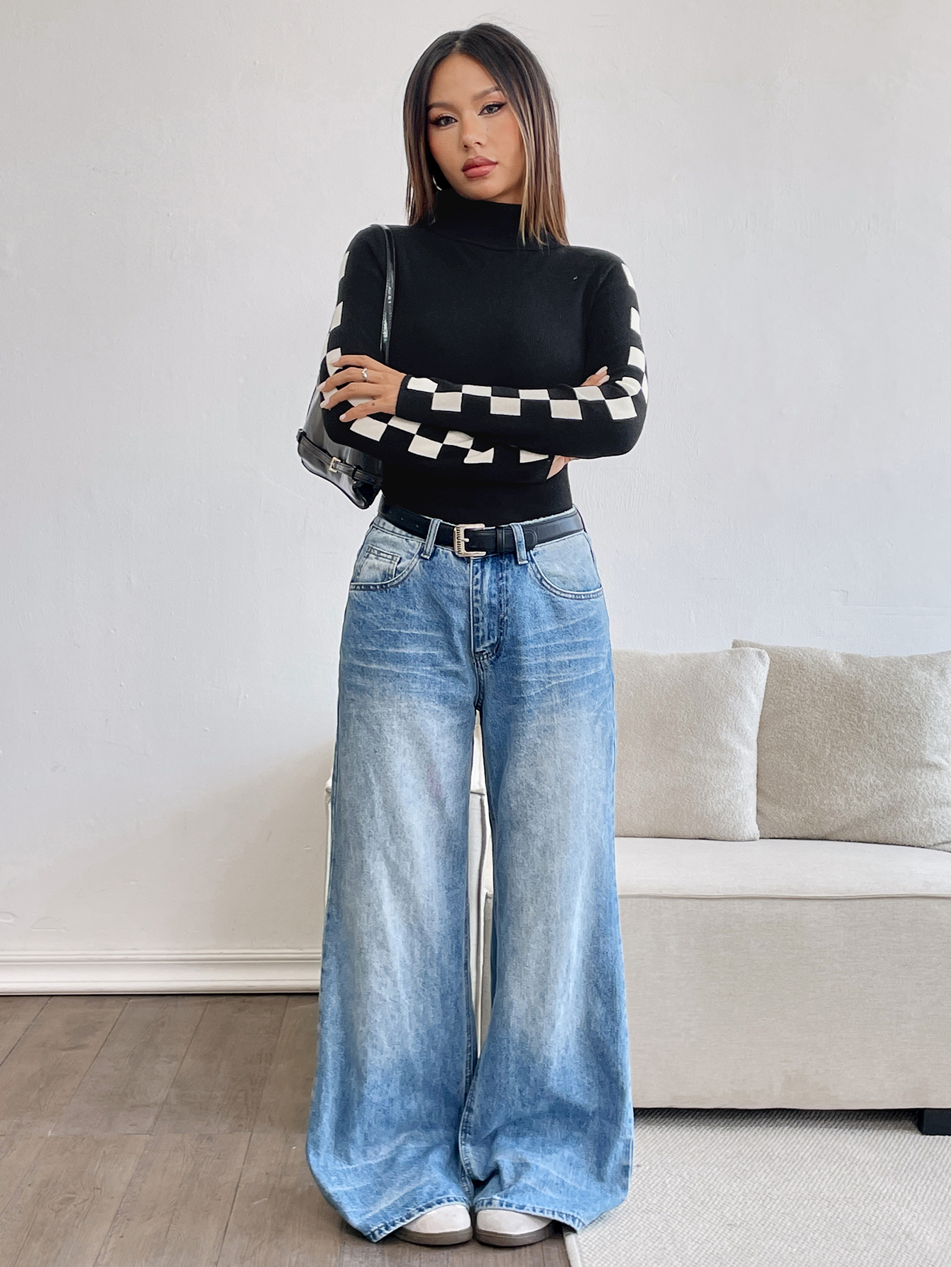 Checkmate Knit – Sleek Black Turtleneck with Side Game
