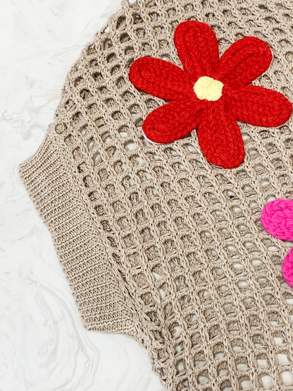 Colorful Flower Crochet Mesh Top – Boho Knit Tee